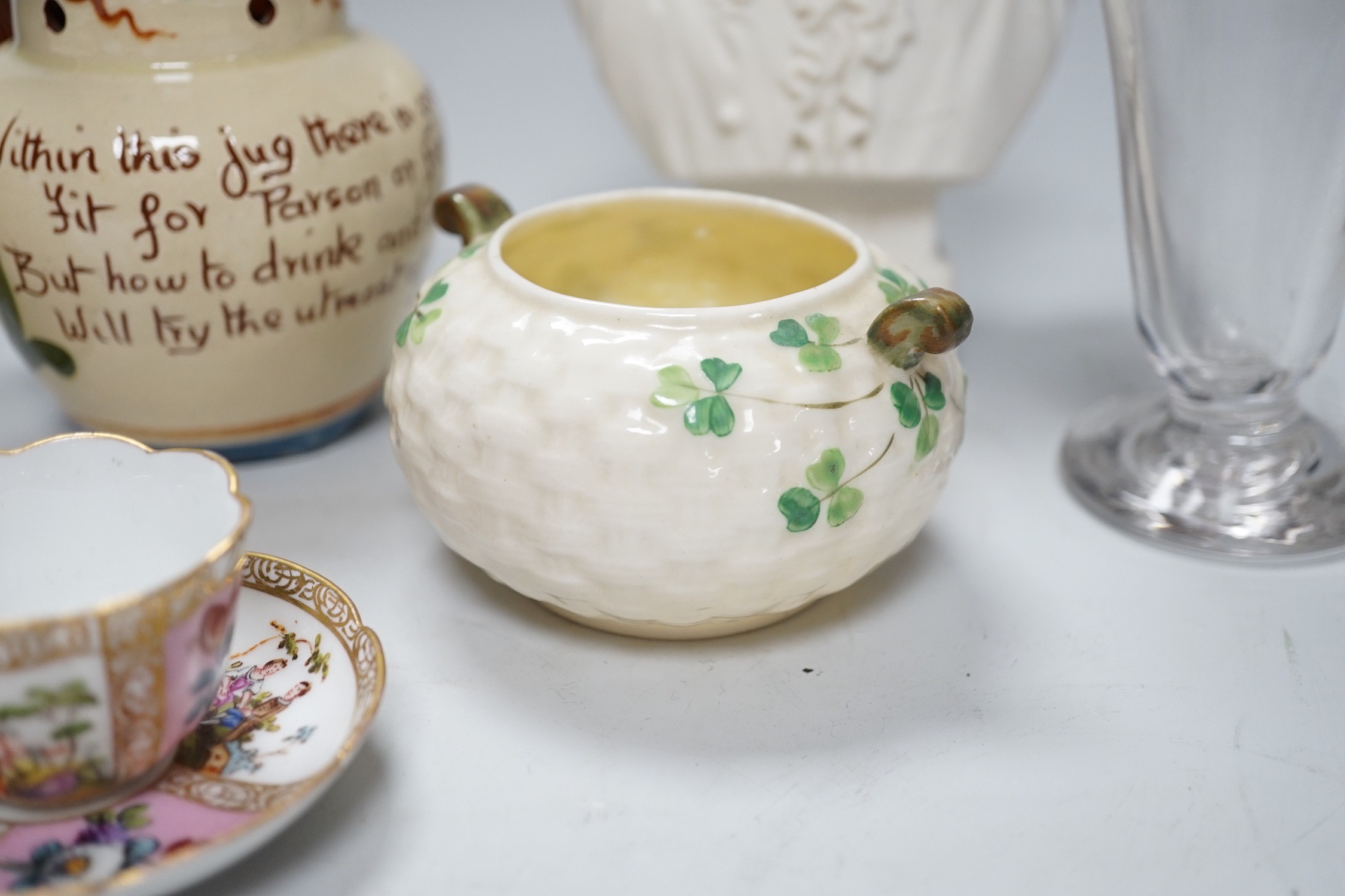 A Robinson and Leadbetter parian bust, two items of Belleek, an Aller Vale puzzle jug, a Helena Wolfsohn miniature cup and saucer etc., tallest 20cm (6)